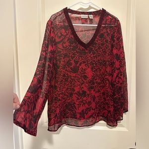 Chico’s Sheer Red Floral Blouse with Beaded V Neck.